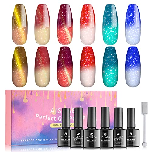 Aishaba Color Changing Gel Nail Polish Set Cat Eye Gel Polish Temperature Mood Change Gel Polish Kit Glitter Gel Nail Polish Red Blue Green Gel Nail Polish for Autumn Winter 6pcs UV LED Gel Polish