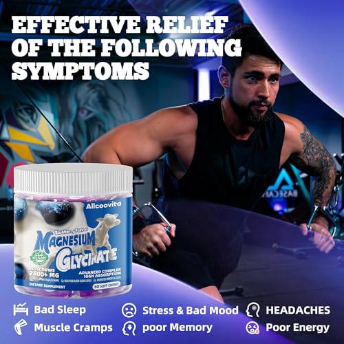 Image of Magnesium Glycinate Soft Chews, Blueberry Flavor.Chewable Sugar Free Potassium Magnesium Chews with Magnesium Glycinate, Vitamin D, B6, and CoQ10 for Calm Support & Sleep for Adults, 60 Days Supply