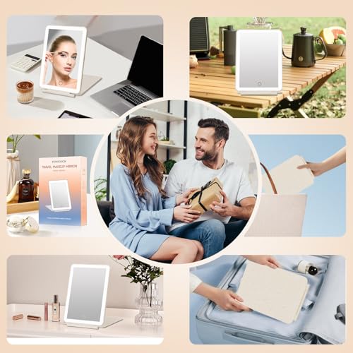 Image of FUNTOUCH Rechargeable Travel Makeup Mirror with 72 Led Lights, Portable Lighted Makeup Mirror, 3 Color Lighting, Dimmable Touch Screen, Type C, Tabletop LED Folding Cosmetic Vanity Mirror