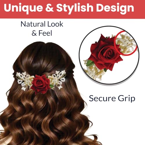Image of TEMPERIA (1pc) Hair Accessories For Women's & Girls - Stylish Artificial Flowers & Crystal Pearls Bun Juda Bridal Brooch for Hairstyle & Decoration - Pins & Clips for Style of Bride (Red & White)