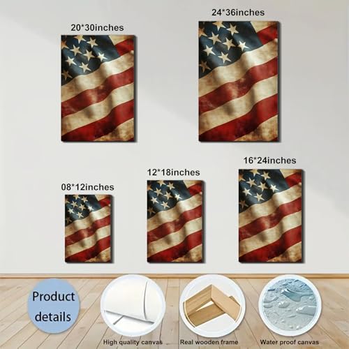 Image of Framed Vintage Distressed American Flag Wall Art, Patriotic Rustic Canvas Art Pictures, USA Flag Wall Decor, Made in USA Ready to Hang for Living Room Garage