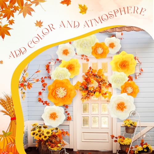Image of Cholemy 24 Pcs Tissue Paper Flowers, Crepe Paper Flowers Decorations 8 inch 10 inch 12 inch for Wedding Party Baby Bridal Shower Carnival Party Birthday Nursery Wall Decor (Gold,Yellow,Orange)