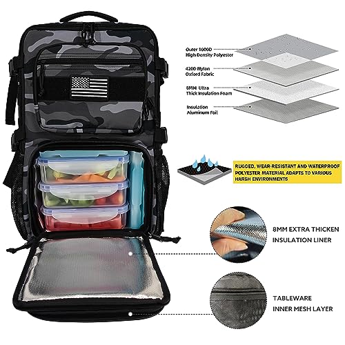 519 Fitness [Tactical All-Around] Modular Meal Prep Backpack - Grey Camouflage - Fits 17" Laptop - Removable Meal Part, Hydration Bladder, 3 Containers, 2 Ice Packs & US Flag Patch