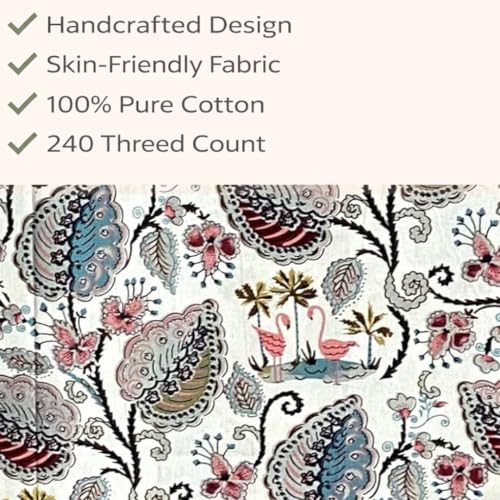 Image of ElanorHomes 240 TC Cotton Double King Size Bedsheet | Hand Printed | Ultra-Soft & Skin-Safe | Breathable Summer Comfort | 93x108 inches with 2 Pillow Covers (Flamingo Petals)