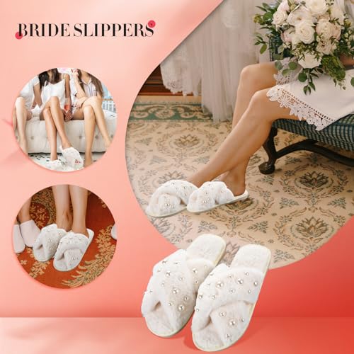 Jiuguva Bride Slippers for Wedding Pearl Bride Slippers for Women Valentine Fuzzy Bridesmaid for Bachelorette3