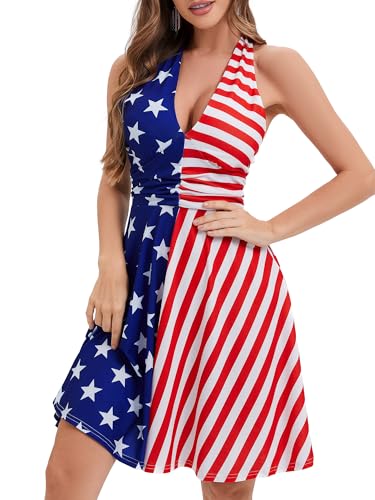 Image of Women's Festival Dress- Halter V Neck Sleeveless Ruffle Mini Dresses with Pocket
