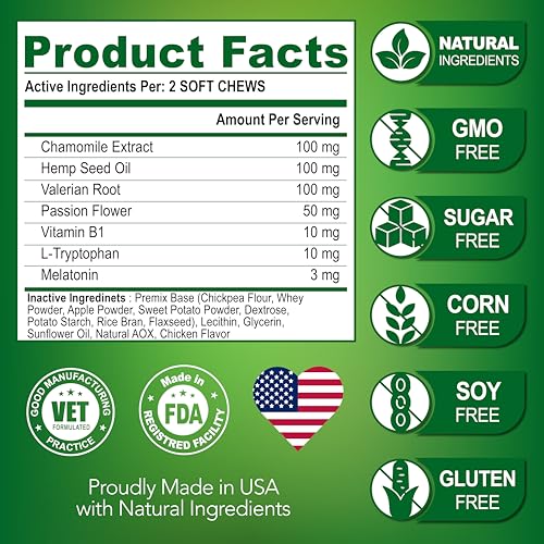 Image of Hemp Calming Chews for Dogs with Anxiety and Stress - Dog Calming Treats - Anxiety Relief - Separation - Travel - Barking - Melatonin - Hemp Oil - 120 Soft Treats - Made in USA