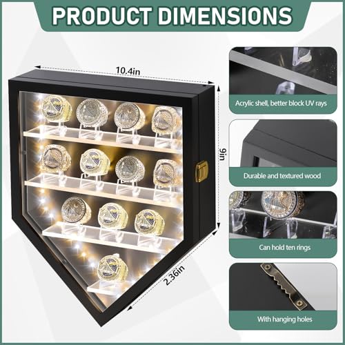 Ferreve Championship Ring Display Case with LED Light Clear Acrylic Sports Baseball Ring Display Case 12 Ring Posts Softball Ring Holder Lockable Wall Mount Wooden Shadow Box for Storage Award Rings