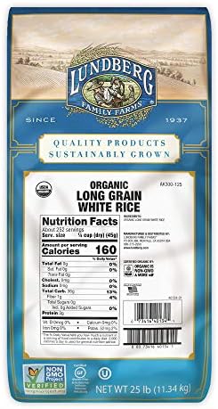 Lundberg Family Farms - Organic White Long Grain Rice, Subtle Flavor, Remains Separate When Cooked, Pantry Staple, Bulk Rice, Gluten-Free, Non-GMO, USDA Certified Organic, Vegan, Kosher (25 lb)