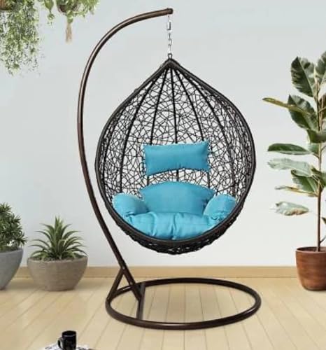 Image of Single Seater Swing Chair with Stand and Cushion Hammock Swing for Adult Outdoor Indoor Garden Living Room Balcony Hanging Chair (Brown Blue)