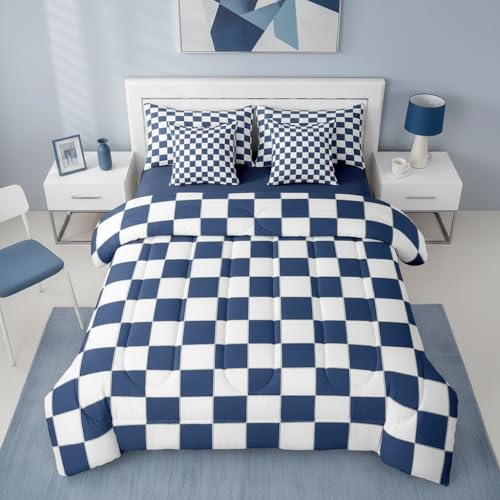 Image of Erosebridal White Blue Plaid Queen Comforter Set with Sheets 7 Piece Navy Blue Checkerboard Bedding Set for Kids Boys Teen,Checkered Grid Bed in A Bag Modern Aesthetic Geometric Bed Set