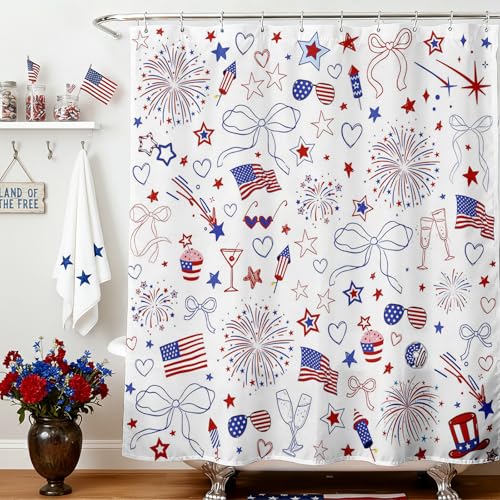 Mocsicka 4th of July Shower Curtain 250 Anniversary Independence Shower Curtain for Bathroom Fireworks and Flag Patriotism Bathroom Decor Waterproof Machine Washable (Red and Blue 71x71inch)