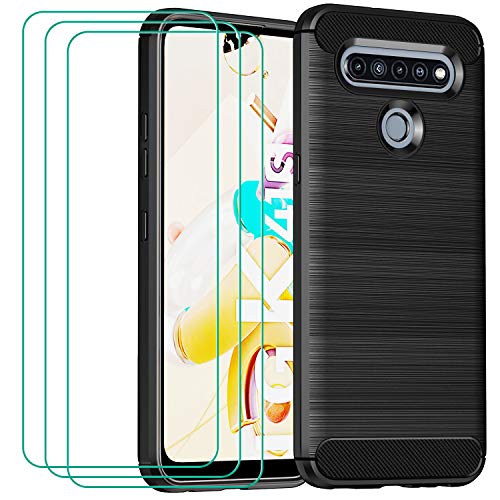 ivoler Hülle mit Panzerglas für LG K51S / LG K41S [1 Handyhülle + 3 Schutzfolie], Schwarz Stylisch Karbon Design Anti-Kratzer Stoßfest Schutzhülle Cover Weiche TPU Silikon Case