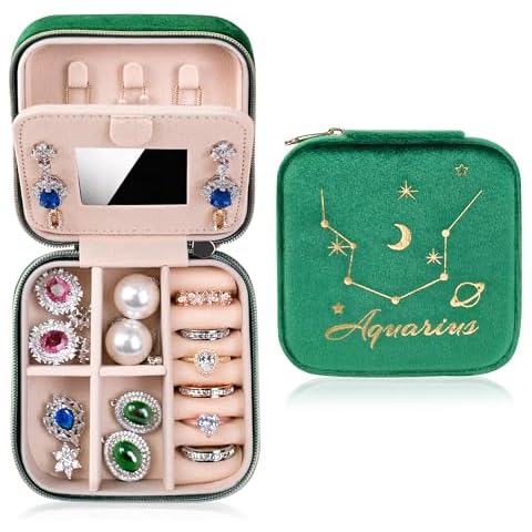 JOINTOP Velvet Travel Jewelry Box, Small Portable Jewelry Case with Earring, Necklace Organizer Holder with Mirror, Essential Travelling Accessories for Women Teenage Girls (Aquarius) Cover