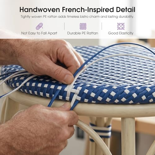 Image of PURPLE LEAF Outdoor French Round 30 inch Bar Stool Set of 2 Large Handwoven Wicker Backless Barstool White Print Aluminum Frame for Patio Kitchen Island Pool Bistro Rattan Chairs Deep Blue