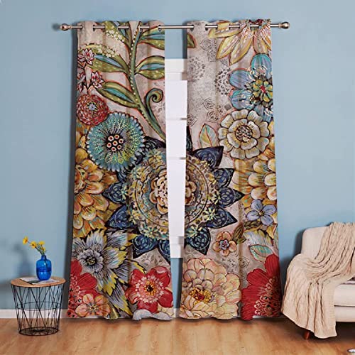 Xiongfeng Floral, Blackout Boho Vintage Window Panels Room Darkening Flowers Print Curtain Drapes with Grommet Thermal Insulated for Living Room Dining Room Bedroom, 52in × 84in , 2 Panels