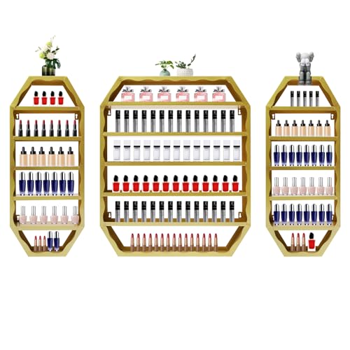 CRYBY 3Pcs Nail Polish Display Rack, Wall-Mounted Nail Polish Storage Rack Iron Nail Polish Organizer with 1 Middle Rack & 2 Side Racks, Nail Polish Display Stand Nail Polish Holder Shelf (Gold)