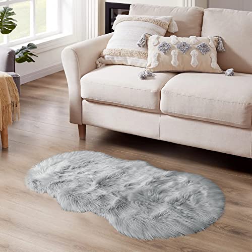 Latepis Faux Sheepskin Fur Rug 2x4 Feet Light Grey Fluffy Rugs Shag Furry Rug Small Area Rugs Carpet for Bedroom Living Room, Cushion
