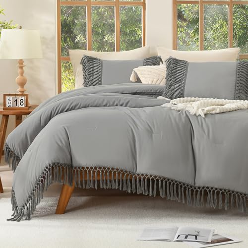 Image of Andency Comforter King Size Set Medium Grey, 3 Pieces Boho Tassel Lightweight Fluffy Bedding Comforters & Sets, Soft All Season Bed Set (104x90In Comforter & 2 Pillowcases)