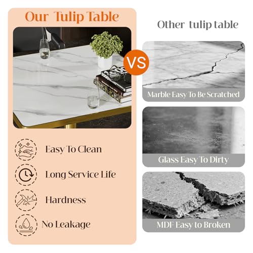 Image of 63 inch Square Dining Table, Tulip Table with 1.2 inch Thick Sintered Stone Tabletop and Golden Metal Pedestal Base, Small Square Dining Tables for Diner,Bar,Restaurant,kitchen,Bakery,Apartment (Marble White)