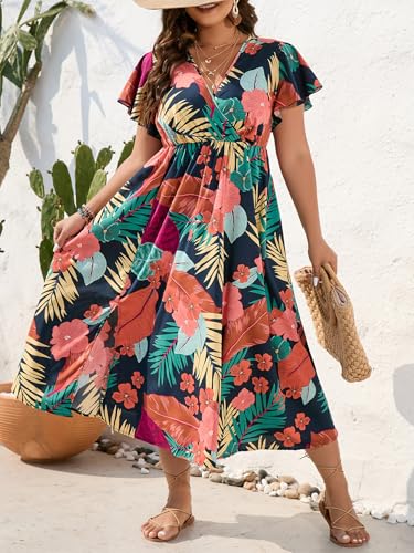 Floerns Women's Plus Size Boho Floral V Neck Short Sleeve A Line Long Dress4
