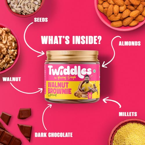 Image of Twiddles Walnut Brownie Chocolate Spread, 250g (Crunchy) - Made with 50% California Walnuts + Almonds & Seeds |14g Protein | Rich Omega-3 | 70% Less Sugar | No Palm Oil | No Preservatives | Stronger Bones | Brain Booster | India's 1st Walnut Spread