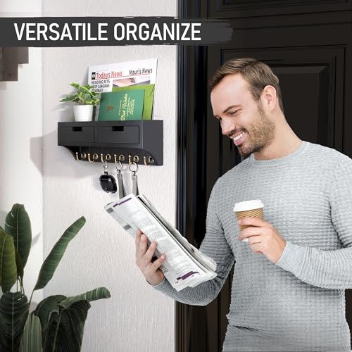 Rebee-Vision-Key-Holder-Wall-Mount-with-2-Drawer-Organizer-Decorative-Mail-Organizer-with-6-Key-Hooks-Small-Wall-Shelf-Modern-Home-Decor-for-Apartment-Essentials-Black