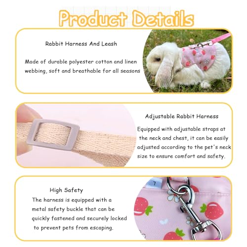 Image of 2 Sets Rabbit Harness and Leash, Cute Adjustable Bunny Clothes Harness Escape Proof Pet Supply (Pink, L)