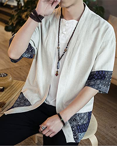 Image of Men's Japanese Kimono Cardigan Loose Cotton Linen 3 /4 Sleeve Open Front Casual Summer Shirt Jackets