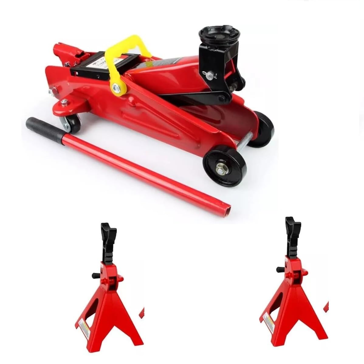 Cric Sollevatore Idraulico a Carrello 2.5T + 2 Cavalletti Auto 2500KG | Crick da Officina con Ruote e Testa Dentata | Altezza 127-330mm | Colore Casuale | Kit Sicurezza per Sollevamento Veicoli