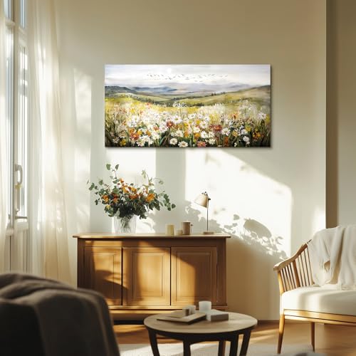 SERIMINO Mountain Floral Landscape Wall Art, Daisy Wildflower Large Canvas Painting, Hill Sunrise Scenery Wall Pictures, Modern Country Aesthetic Wall Decor Living Room Bedroom Art Prints 24X48 Inch