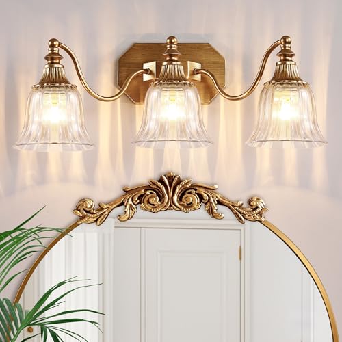 DvmTeom Gold Vintage Bathroom Vanity Light Fixture, Vanity Light for Bathroom, Matte Antique Brass Finish with Crystal Glass Shade, Lighting fixtures Over Mirror (Gold, 3-Light)
