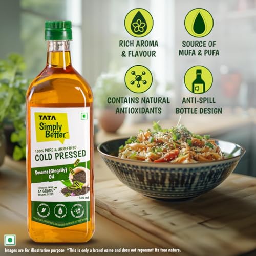 Image of Tata Simply Better Pure & Unrefined Cold Pressed Sesame(Gingelly)Oil,Naturally Cholesterol Free,500ml,Sesame Oil with Rich Aroma & Flavour of Real SesameSeeds,For Daily Cooking with Multipurpose Usage