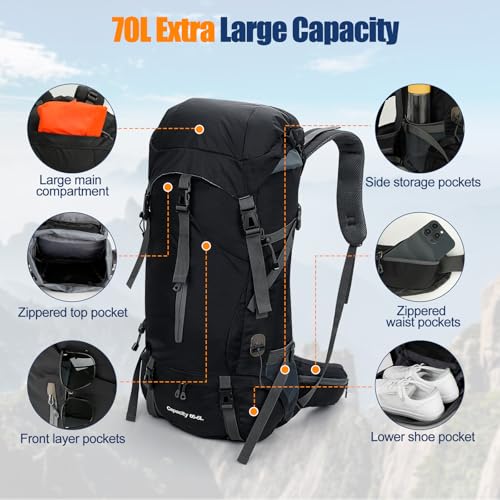 Cozary Sac à Dos Randonnée 70L Anti-Déchirure Imperméable avec Housse Pluie, Système Respirant pour Trekking Camping Randonnée – Image 3