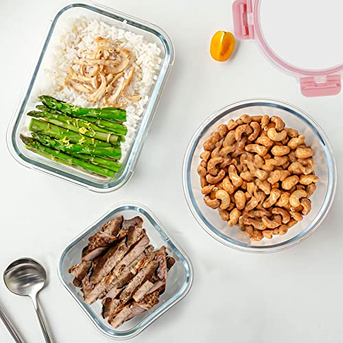 KOMUEE 30 Pieces Glass Food Storage Containers Set, Meal Prep Containers Set with Snap Locking Lids, Airtight Glass lunch Containers, Microwave, Oven, Freezer & Dishwasher,Pink