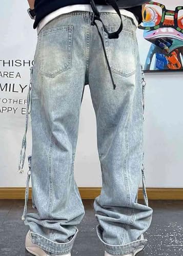 Men’S Hip Hop Oversized Straight Heavy Denim Cargo Pants Button Fly Light Distressed Multi Pocket Stacked Full Length Jeans4