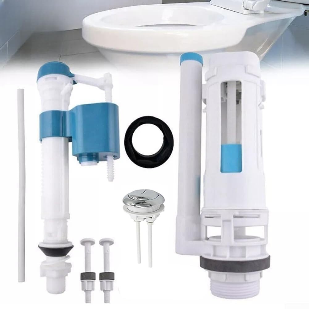 Verstellbares Doppelspül-WC-Spülkasten-Ersatz-Set mit Einlass- und Ablassventil, wassersparender Spülmechanismus und Druckknopf, PP-Material, kompatibel mit Standard-Badezimmer-Tanks, Weiß