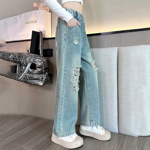 Tween Girls Ripped Jeans Distressed High Waisted Denim Pants Vintage Straight Leg Baggy Jeans Kids Wide Leg Denim Pants3