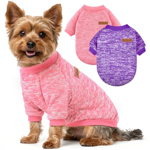 Image of 2 Pack Dog Sweaters for Small Dogs Girl Boy Winter Fleece Clothes Warm Soft Dog Sweatshirt Outfit for Dogs Cats Pet Apparel (Pink+Purple, S (Back: 11.8 inch,Chest: 15.7 inch, 5.5-10Ibs))