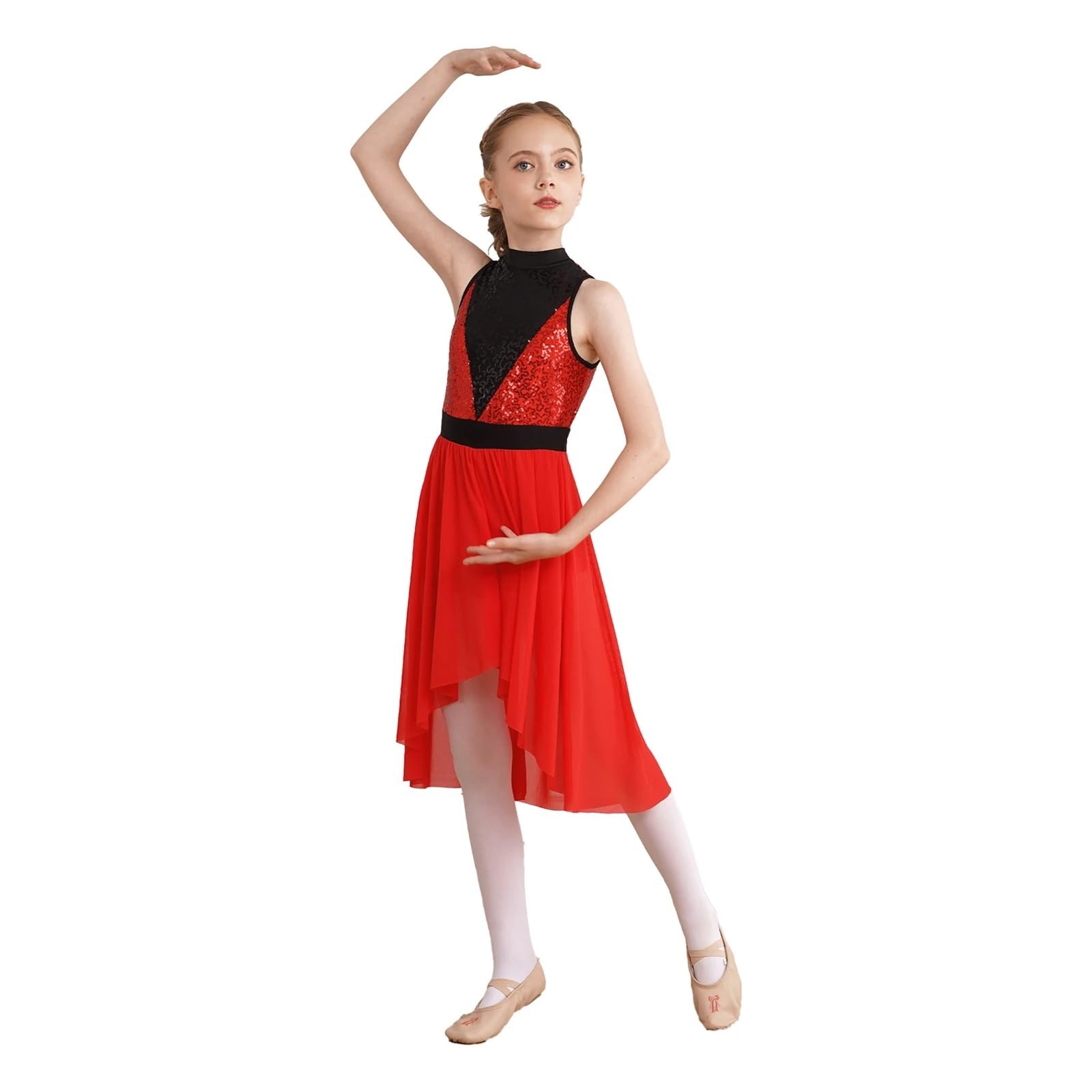 Vestido de Baile lírico for niñas y niños, Falda de Malla Alta y Baja con Lentejuelas, Mono de Baile, Vestido de actuación, Ropa de Baile Moderna for niños para Mujeres(Hot Pink,6)