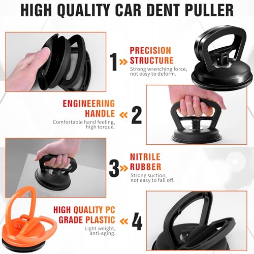 Image of Car Dent Puller,dent Remover Tool for car with Suction Cup,3 Pack | Dent Remover Tool Kit for Car Body Dents, with suction dent puller and Handle Lifter for Easy Car Dent Removal (Black+Orange)