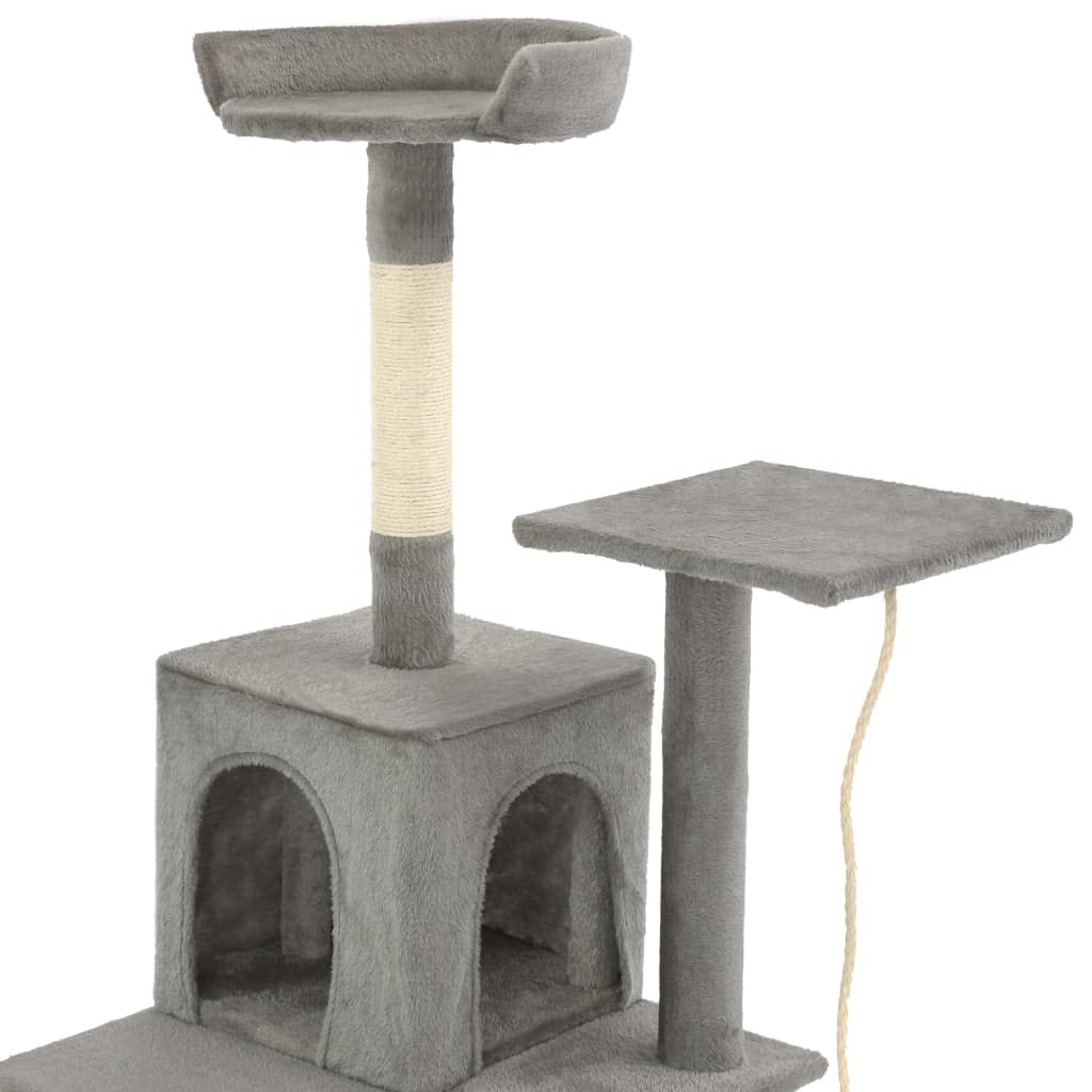 Kratzbaum 120 cm Katzenbaum mitSisalsäulen und Spielhaus Grau | Stabiler Kletterbaum fürs Wohnzimmer mitAussichtsplattform, kuscheliger Höhle, Spielseil und Rampe für Katzen.