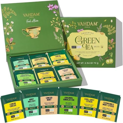 VAHDAM, Set de regalo de té verde (6 sabores, 36 bolsitas piramidales) – Set de degustación exclusivo de Navidad – Bolsitas piramidales hoja larga | Regalos de té de Navidad para mujeres y hombres