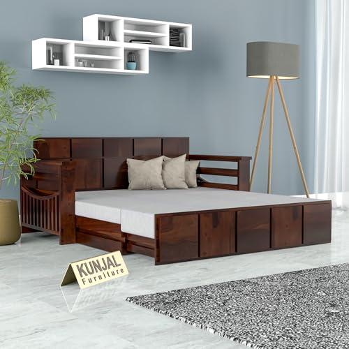 Image of Kunjal Furniture Solid Sheesham Wood Sofa Cum Bed with Storage for Living Room | Natural Finish | 3-Seater Convertible Sofa Bed | Handmade Wooden Furniture (Walnut, Contemporary)