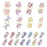 CWJCYTNSN 30 PCS Glitter Hair Clips for Girls Kids Snap Hair Clips Barrettes Sparkly Cute Hair Accessories for Little Girls Flower Butterfly Crown Hair Clip for Birthday Party Gifts