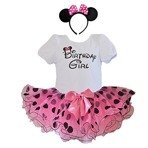 Birthday Girl Shirt with Polka Dot Tutu and Headband 3 PCs Outfit Set (Age 2, Pink with Black Dots)