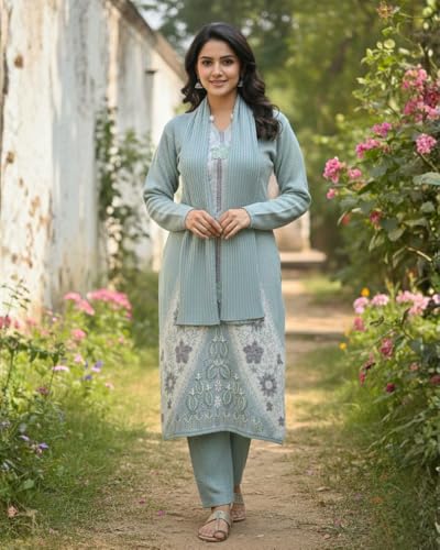 Image of KTI Full Sleeve Knee Length Floral Design Woolen Fabric 3 PC Kurti Set for Women Art NO-94164