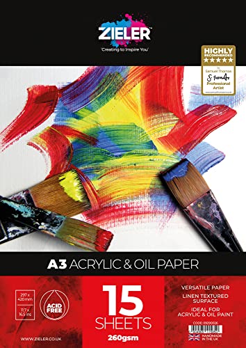 Acrylic Painting Pad - 300gsm Paper, 15 Sheets - by Zieler™ Linen Textured Surface & Acid Free. Ideal for Acrylic Painting. (A3)