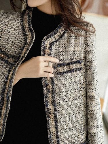 Image of Women's Fashion Tweed Jackets Button Down Cropped Short Cardigan Open Front Long Sleeve Casual Outerwear Sweaters