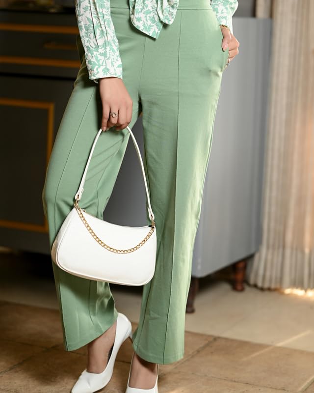 Image of Mlada Mid Waist Wide Leg Flared Pants Elastic Waist Band for Women Office Work Formal Wear Stretch Cotton Knit Flare Pants Utility Pockets Extra Flare Pants Trousers for Travel